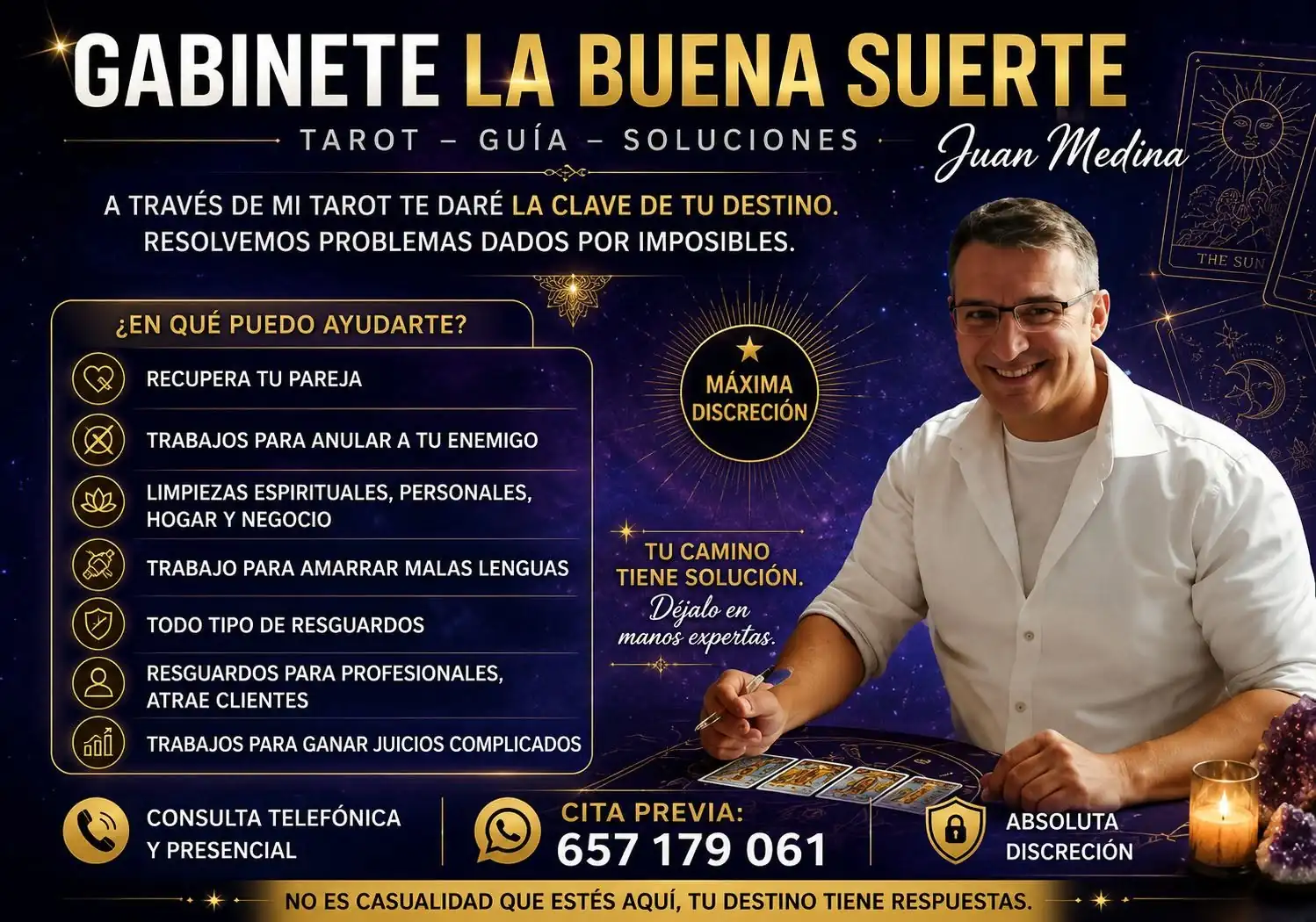 Servicios del Gabinete La Buena Suerte — Juan Medina: tarot, limpiezas espirituales, resguardos y más en Vecindario, Gran Canaria